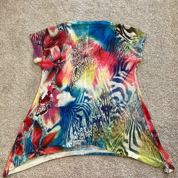 Y2k Floral Vibrant Artsy Asymmetrical Hem Colorful Flowy Tunic Top w Rhinestones - Picture 7 of 9